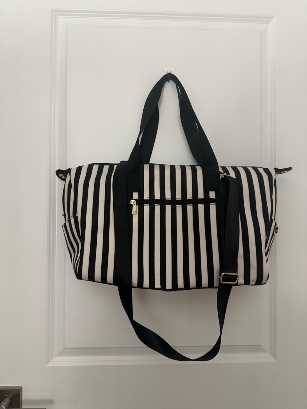 Alice + Olivia Black and White Striped Travel Duffel